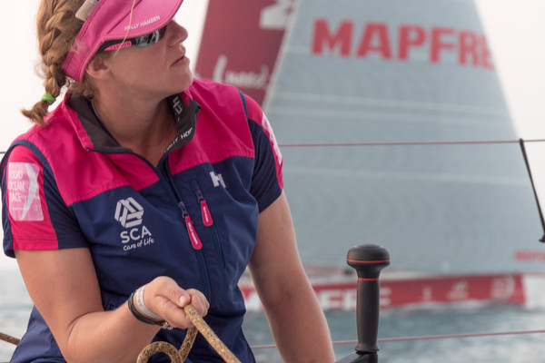 January 3, 2015. Leg 3 onboard Team SCA. Annie Lush trims the FR0 as MAPFRE gain on them and make a pass.