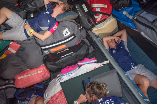 January, 2015. Leg 3 onboard Team SCA. Libby Greenhalgh, Sam Davies, and Abby Ehler sleep in the bow in light winds on Leg 3.