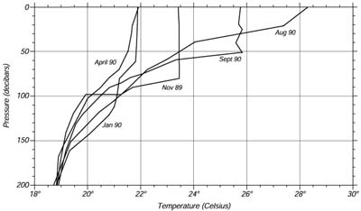 Crescita e decadimento dello strato mescolato e del termoclino da Novembre 1989 a Settembre 1990 alla Bermuda Atlantic Time-series Station (BATS) 31.8°N 64.1°W. I dati sono stati raccolti dalla Bermuda Biological Station for Research, Inc. Da notare che i valori di pressione in decibar sono quasi uguali alle profondita' in metri (vedi §6.8 per la definizione di decibar). Fonte: CNR - Istituto Scienze del Mare