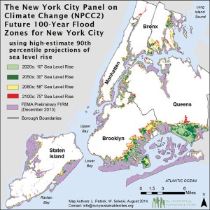 New York, probabilmente, non verrà sommersa dalle acque. Ma molte aree rischiano di subire inondazioni in conseguenza del cambiamento climatico. Fonte: New York City Panel on Climate Change 2015 Report Executive Summary