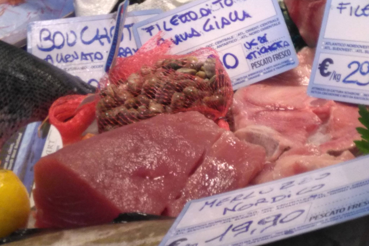 Fra gli altri pesci, ecco un filetto di tonno rosso esposto sul banco di una pescheria del centro.