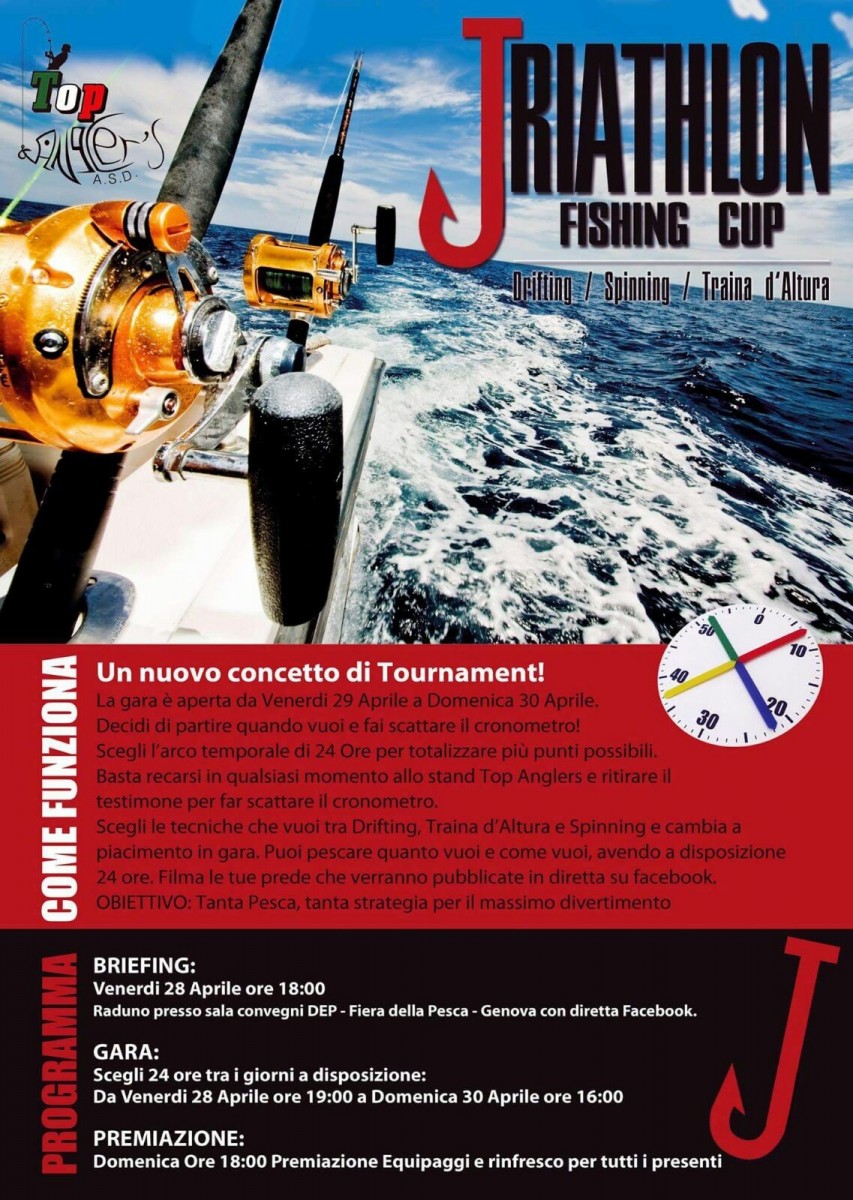 La locandina della Triathlon Fishing Cup 2017, prima competizione al mondo che presenta questo format e che ha avuto un grande richiamo tra atleti di livello in tutot il Mediterraneo