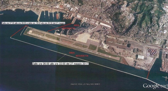 Mappa delle zone dove la navigazione e tutte le attività in acqua saranno interdetta durante la visita del Papa nella zona di Genova Sestri Ponente 