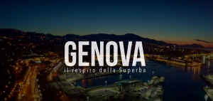 Scritta: il respiro della Superba . Sullo sfondo il porto di Genova