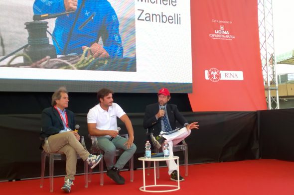 Michele Zambelli al Salone Nautico di Genova mentre racconta la Ostar 2017