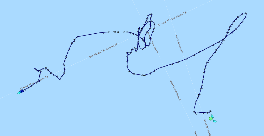 La rotta seguita dal traghetto Ulysse dopo essersi "liberato" dalla portacontainer