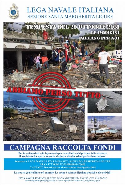 La locandina della campagna raccolta fondi lanciata dalla Lega Navale di Santa Margherita Ligure distrutta dalla mareggiata