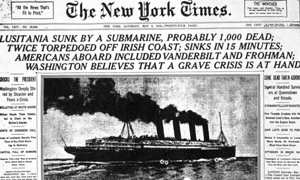 Il New York Times spara in prima pagina la notizia dell'affondamento del transatlantico Lusitania