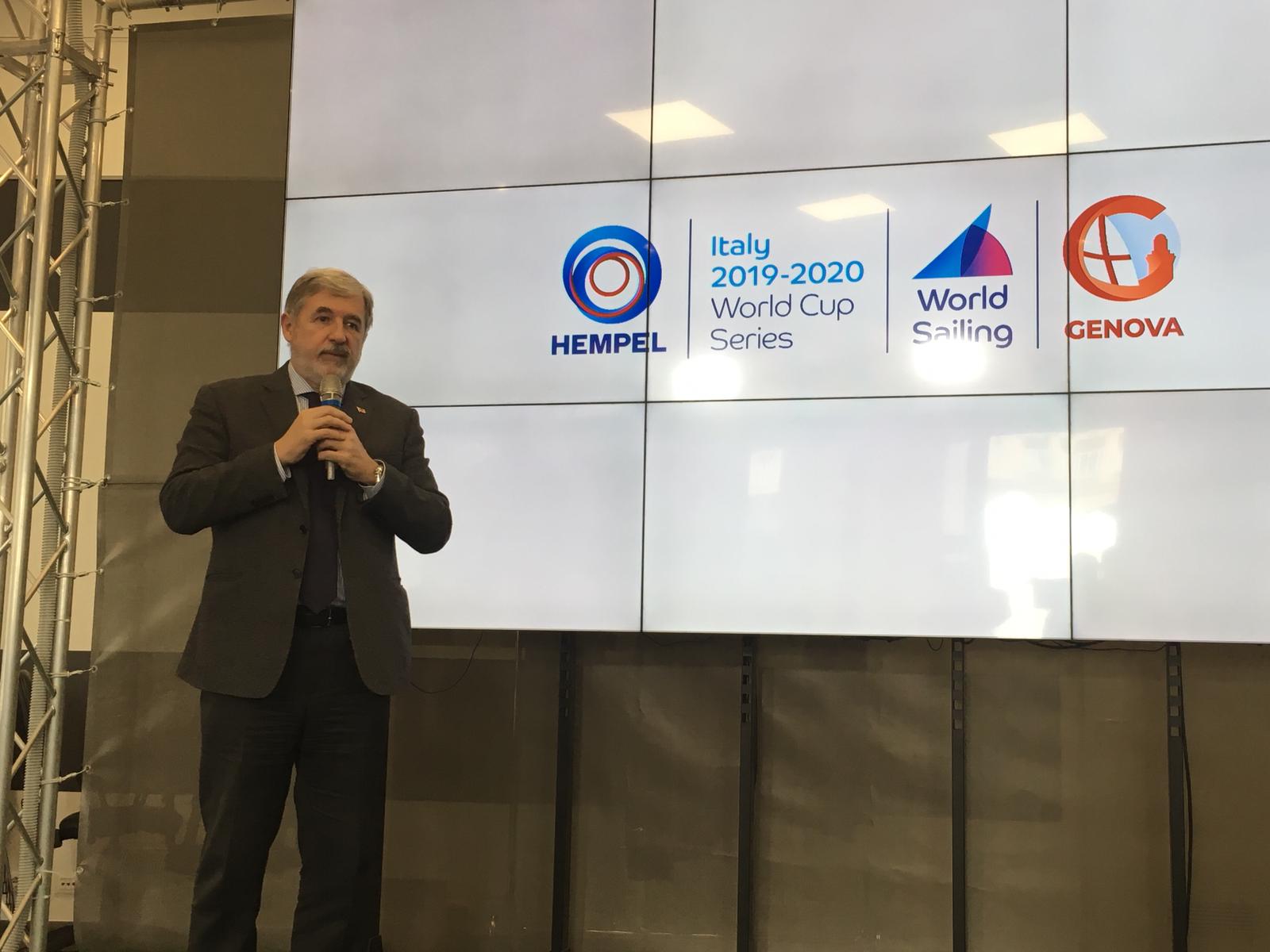 L'intervento del Sindaco di Genova Marco Bucci durante la conferenza stampa di presentazione della World Cup Series 