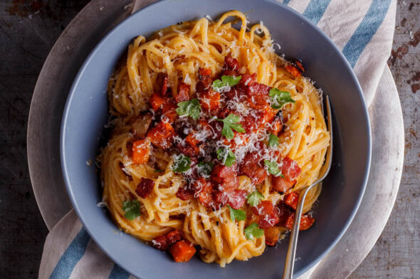 Pasta con zucca e pancetta