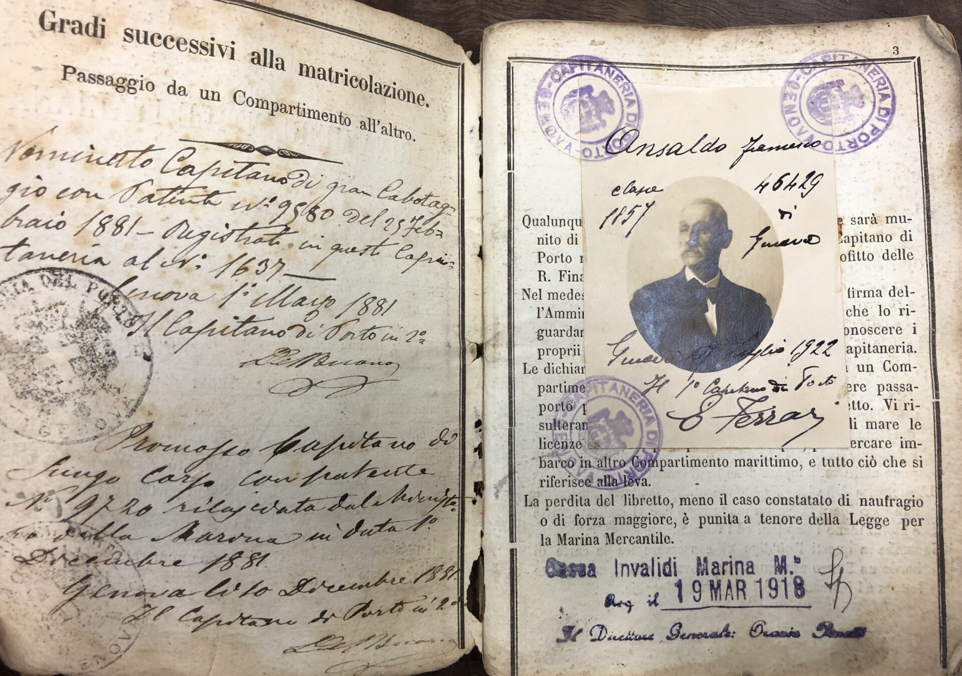 Libretto di Matricolazione Francesco Gerolamo Ansaldo. FONTE: Fondazione Ansaldo