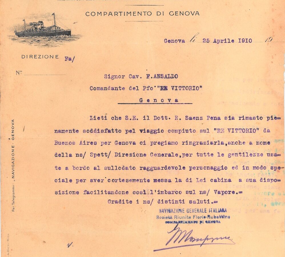 Lettera di ringraziamento a Francesco Gerolamo Ansaldo da parte del presidente argentino. FONTE: Fondazione Ansaldo