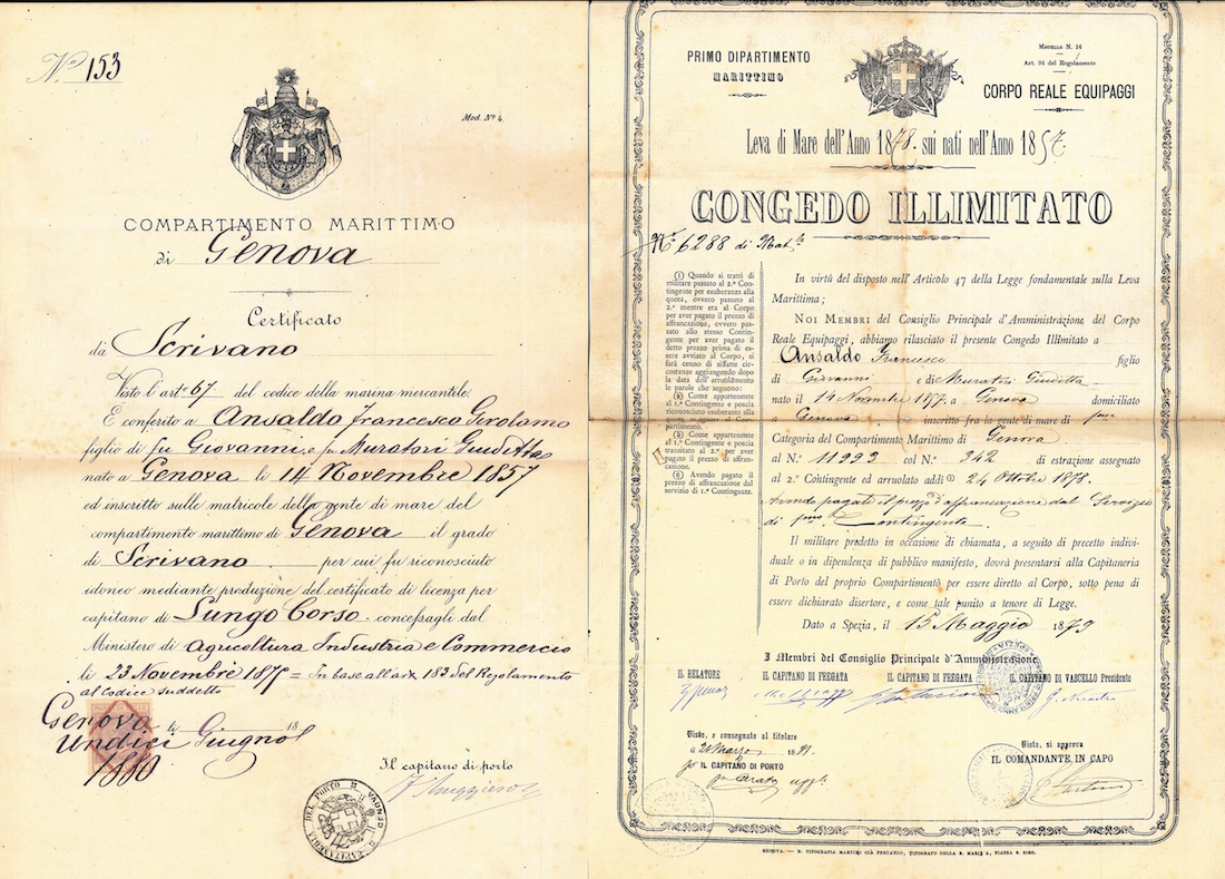 Certificato di Scrivano e congedo militare Francesco Gerolamo Ansaldo. FONTE: Fondazione Ansaldo