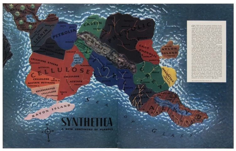 Map of Synthetica, a continent of
plastics, published in »Fortune«
Magazine, 22 October 1940;
Vitra Design Museum archive