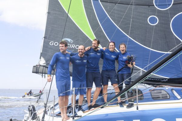 12 February 2023, The Ocean Race Leg 2 arrivals. Team Holcim - PRB crew celebrates after crossing the finish line.
